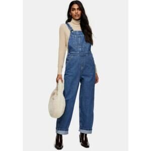 Topshop carpenter overalls in mid blue wash Size 4 Denim Utility Retro Academia